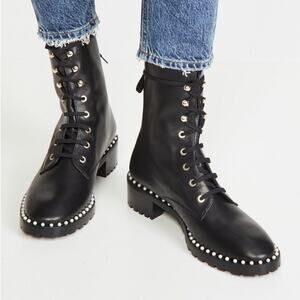 Stuart Weitzman Black Lace-Up Ankle Boots with Silver Studs